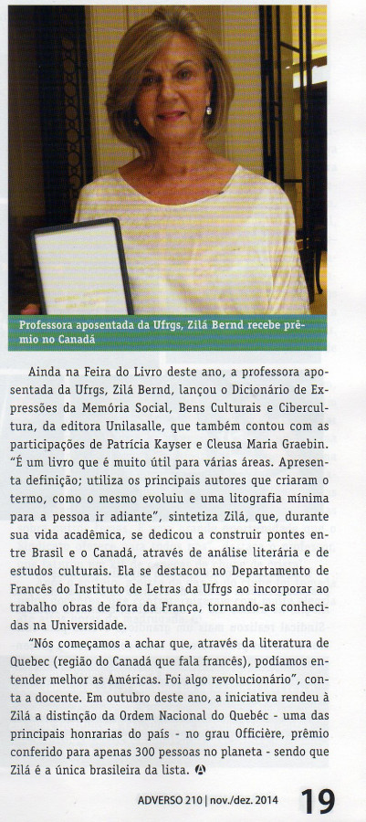 Professora aposentada da UFRS, Zilá Bernd, recebe prêmio no Canadá