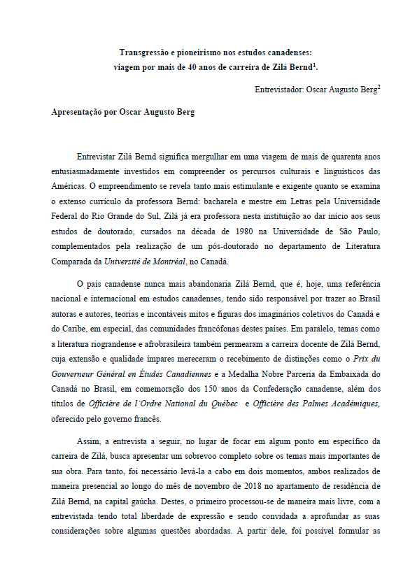 Transgressão e pioneirismo nos estudos canadenses: viagem por mais de 40 anos de carreira de Zilá Bernd